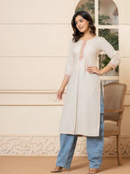 Yufta Linen Beige Embroidery Straight Kurta | Grocsy