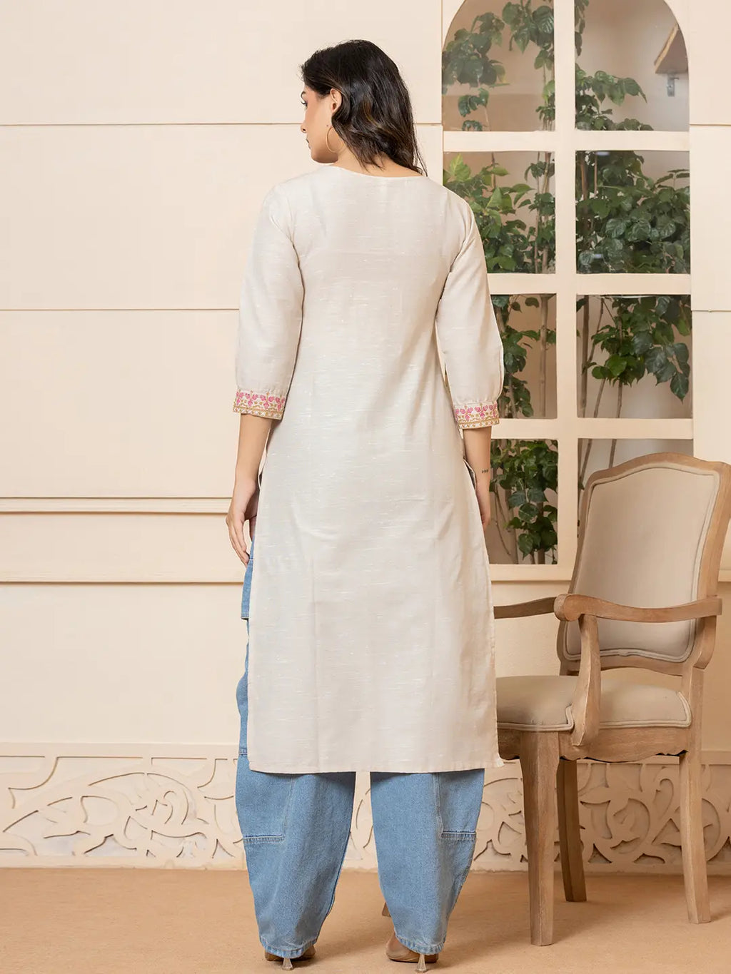 Yufta Linen Beige Embroidery Straight Kurta | Grocsy