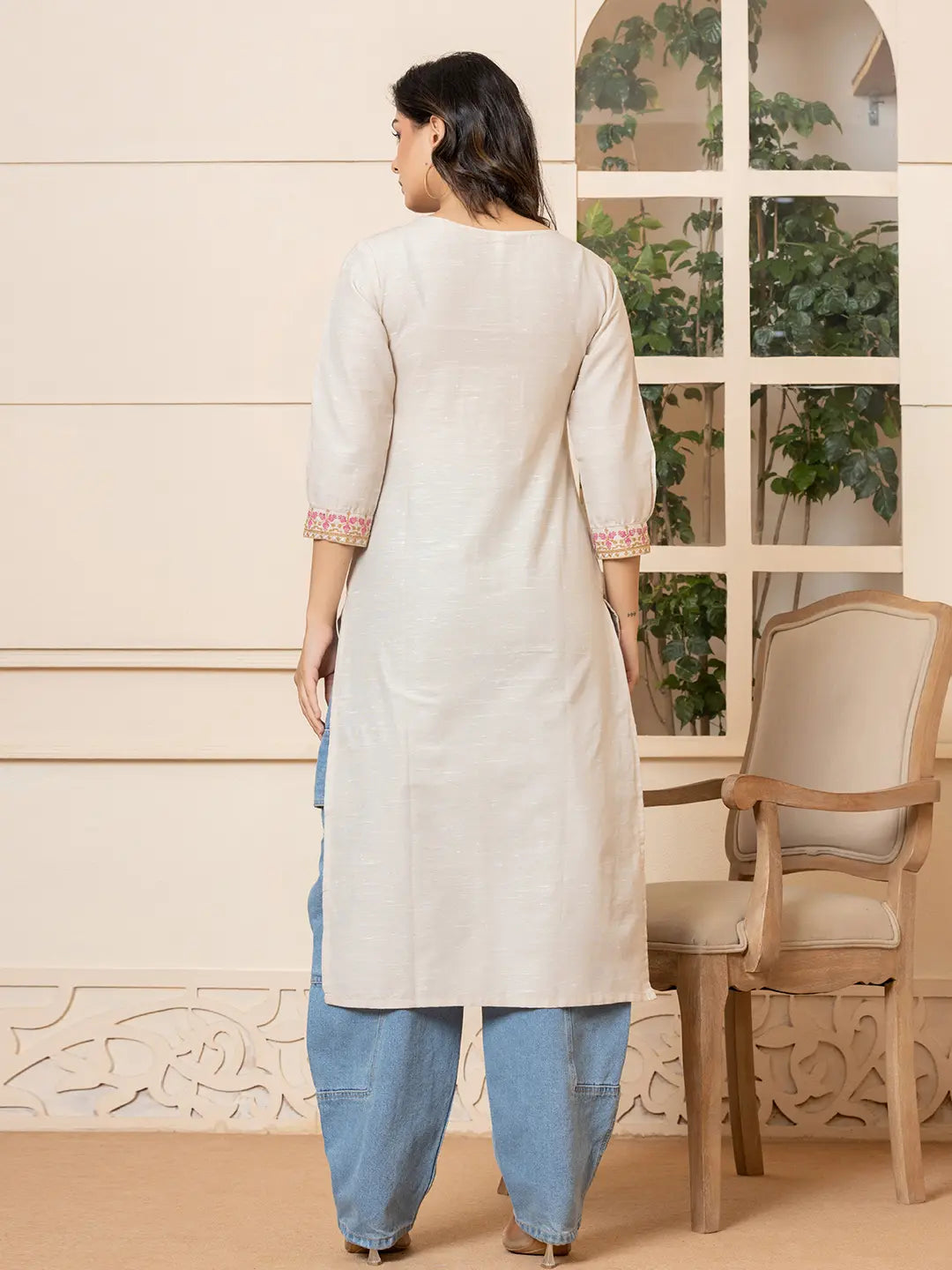 Yufta Linen Beige Embroidery Straight Kurta | Grocsy