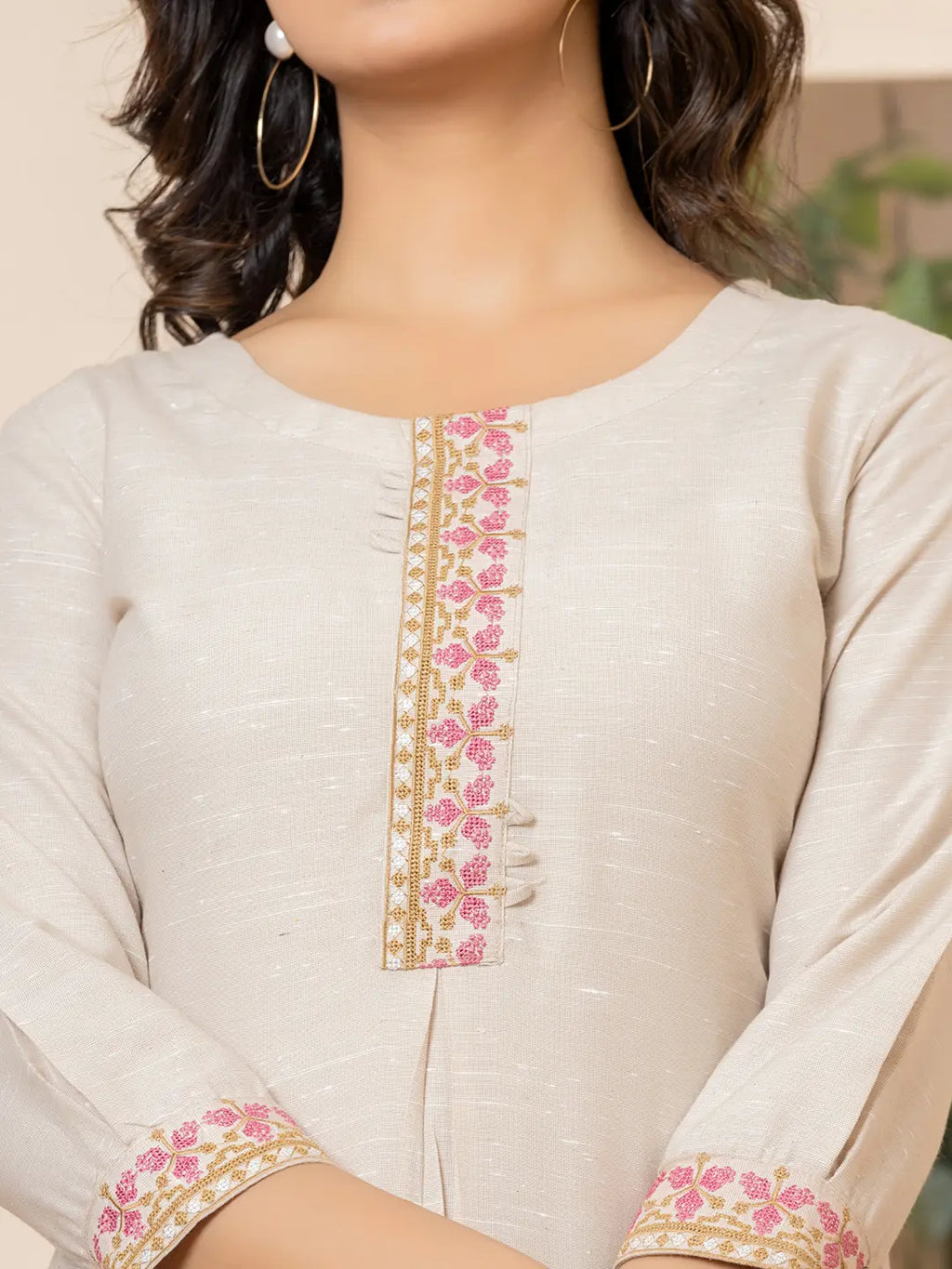 Yufta Linen Beige Embroidery Straight Kurta | Grocsy