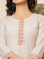 Yufta Linen Beige Embroidery Straight Kurta | Grocsy