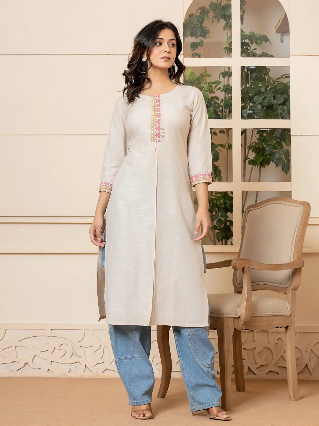 Yufta Linen Beige Embroidery Straight Kurta | Grocsy