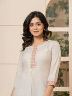 Yufta Linen Beige Embroidery Straight Kurta | Grocsy