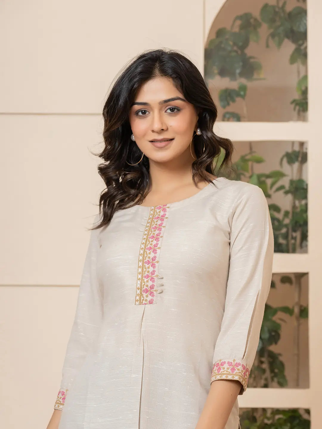 Yufta Linen Beige Embroidery Straight Kurta | Grocsy