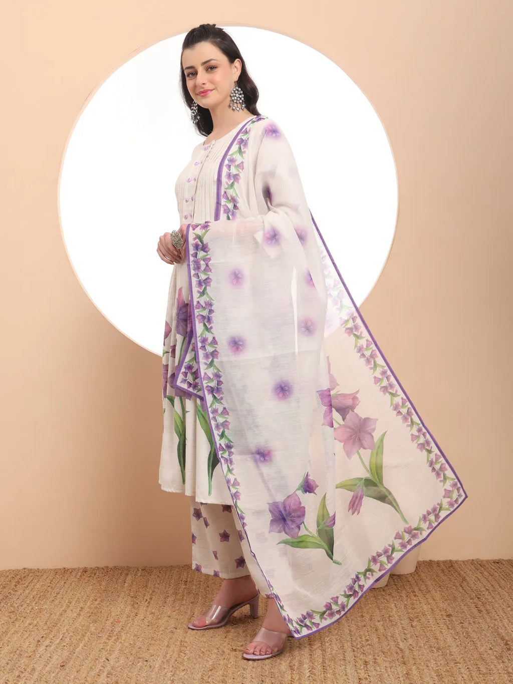 Yufta Linen Cotton White Anarkali Kurta Dupatta Pant Set | Grocsy
