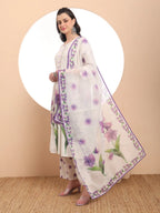 Yufta Linen Cotton White Anarkali Kurta Dupatta Pant Set | Grocsy