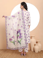 Yufta Linen Cotton White Anarkali Kurta Dupatta Pant Set | Grocsy