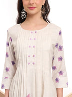 Yufta Linen Cotton White Anarkali Kurta Dupatta Pant Set | Grocsy