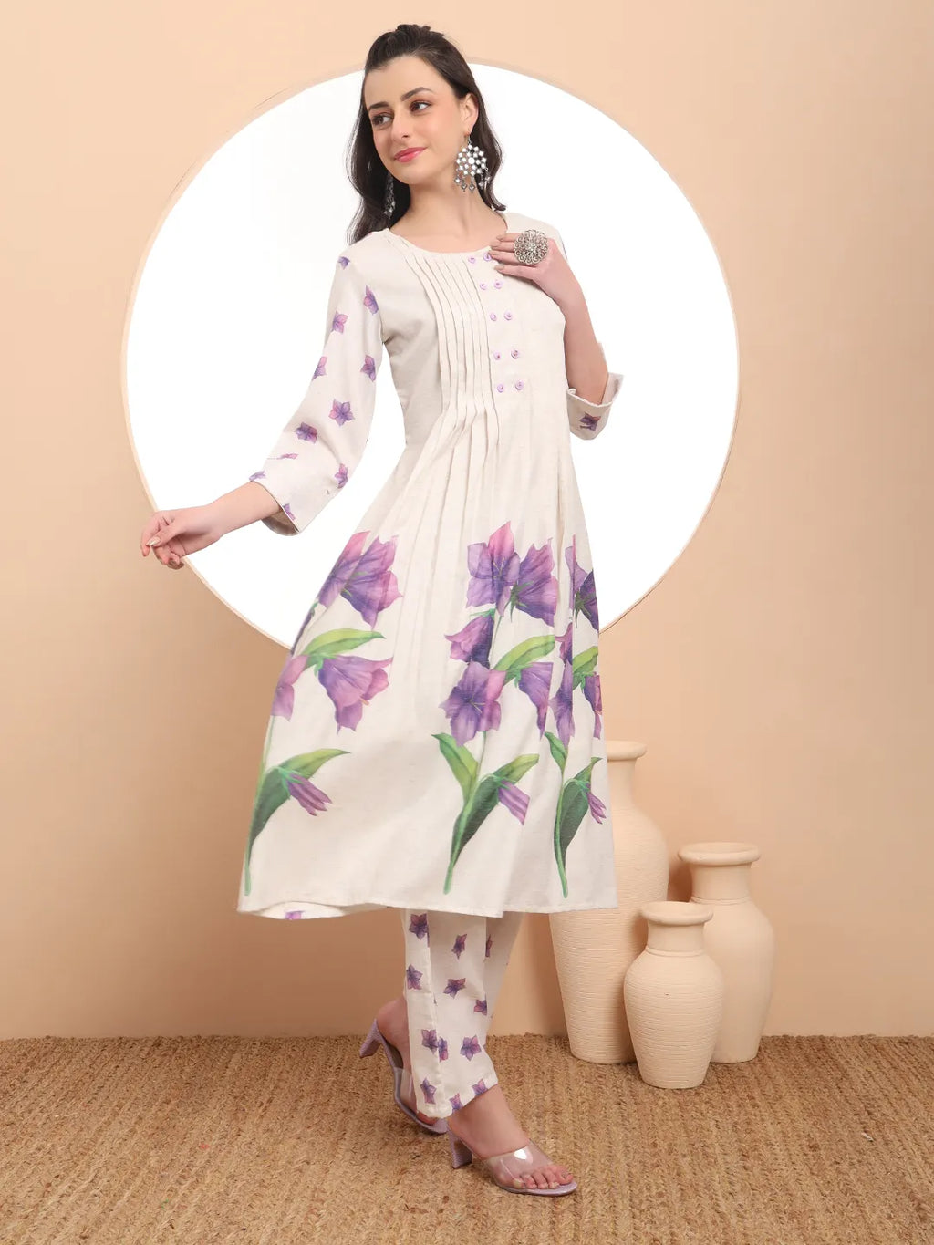 Yufta Linen Cotton White Anarkali Kurta Dupatta Pant Set | Grocsy