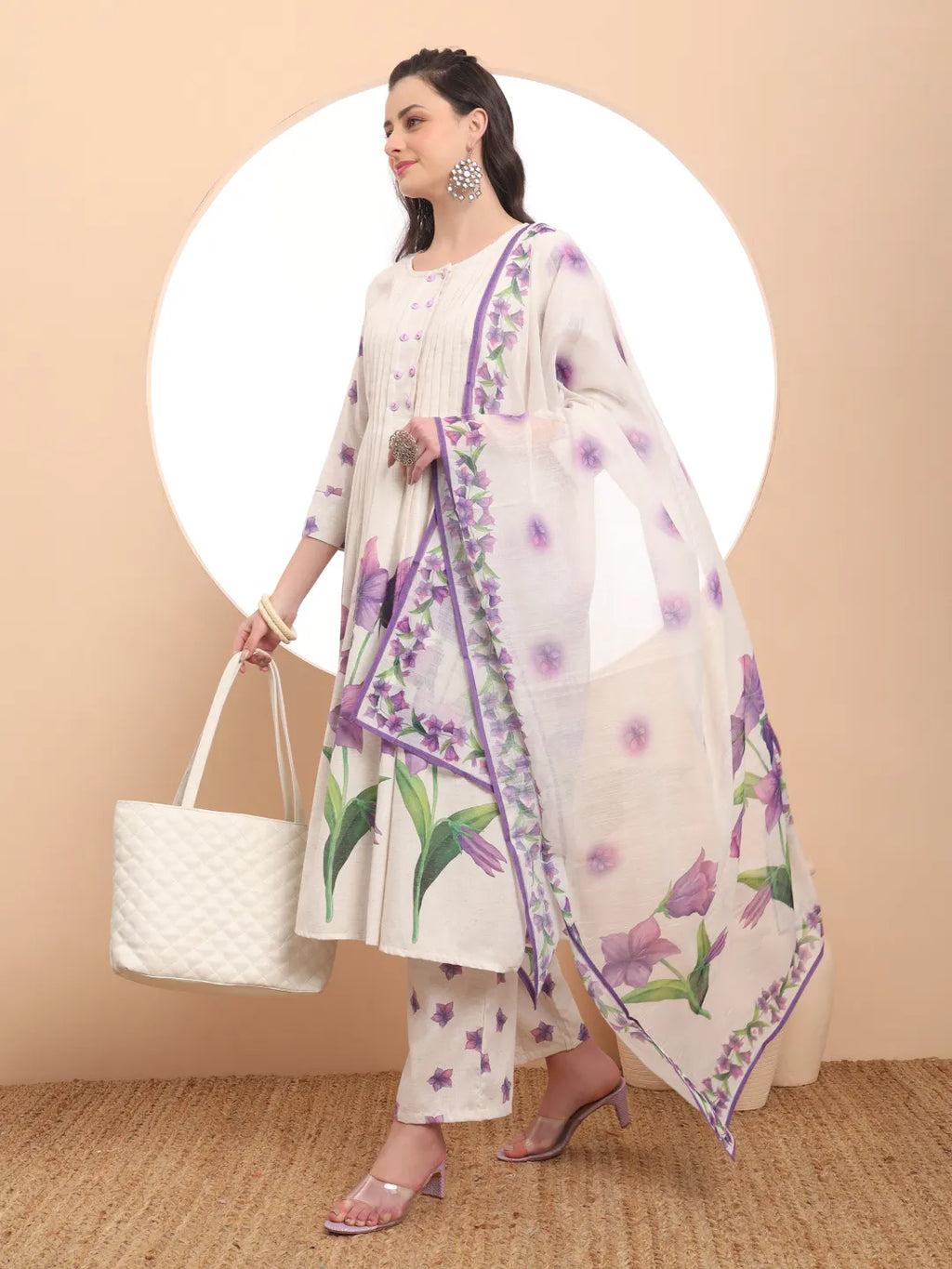 Yufta Linen Cotton White Anarkali Kurta Dupatta Pant Set | Grocsy