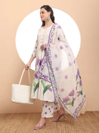 Yufta Linen Cotton White Anarkali Kurta Dupatta Pant Set | Grocsy