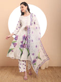 Yufta Linen Cotton White Anarkali Kurta Dupatta Pant Set | Grocsy
