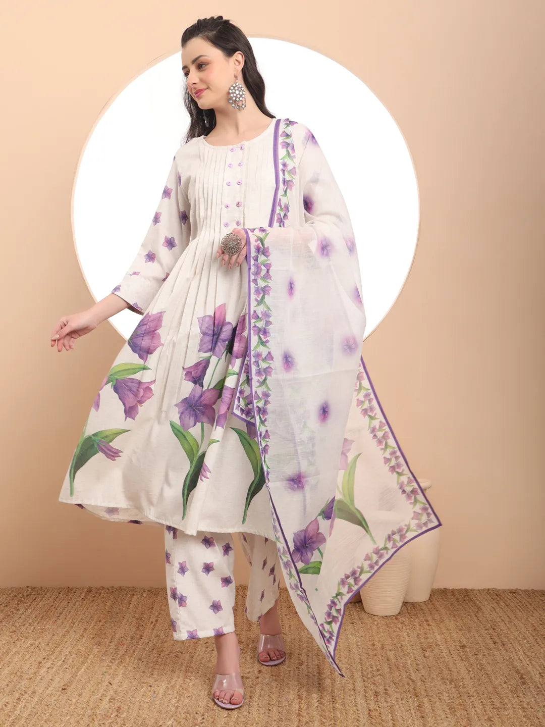 Yufta Linen Cotton White Anarkali Kurta Dupatta Pant Set | Grocsy