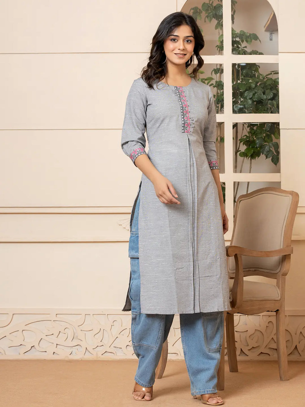 Yufta Linen Grey Embroidery Straight Kurta | Grocsy