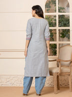 Yufta Linen Grey Embroidery Straight Kurta | Grocsy