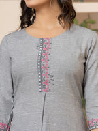 Yufta Linen Grey Embroidery Straight Kurta | Grocsy