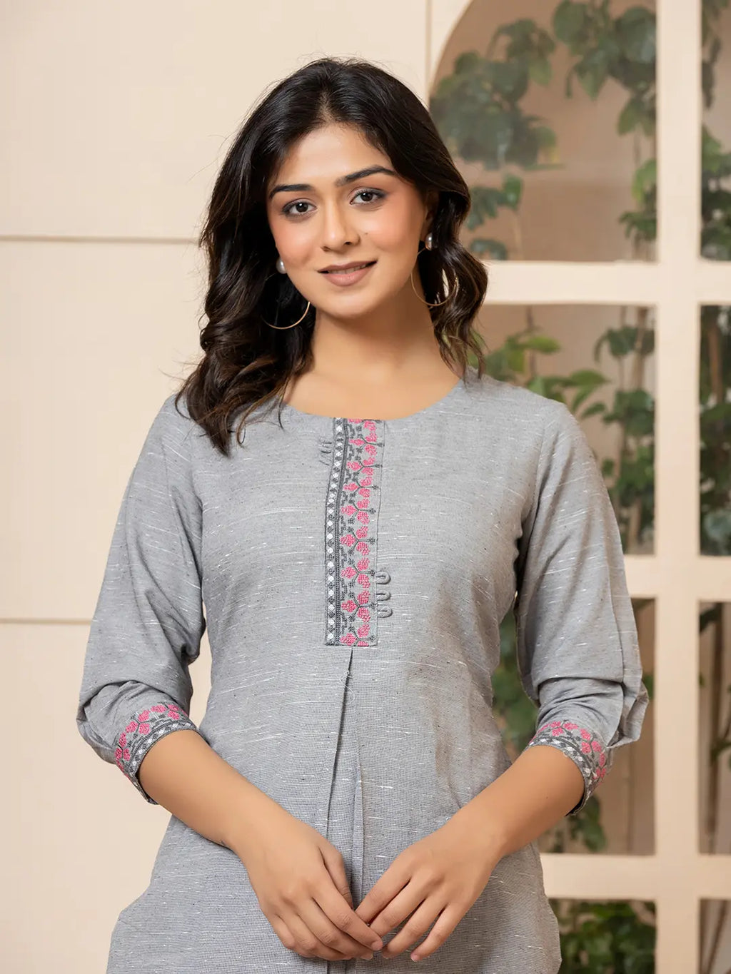 Yufta Linen Grey Embroidery Straight Kurta | Grocsy