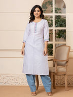 Yufta Linen Lavender Embroidery Straight Kurta | Grocsy