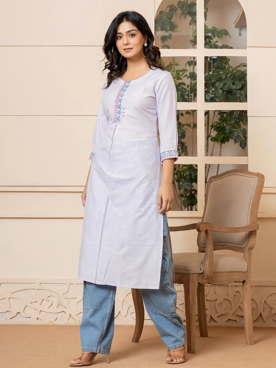 Yufta Linen Lavender Embroidery Straight Kurta | Grocsy