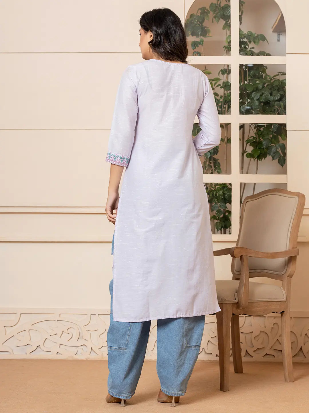 Yufta Linen Lavender Embroidery Straight Kurta | Grocsy