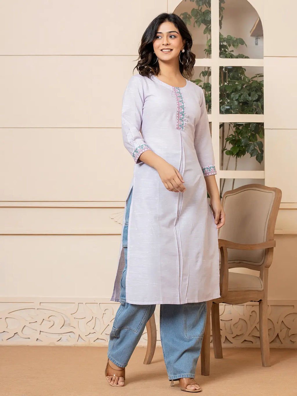Yufta Linen Lavender Embroidery Straight Kurta | Grocsy