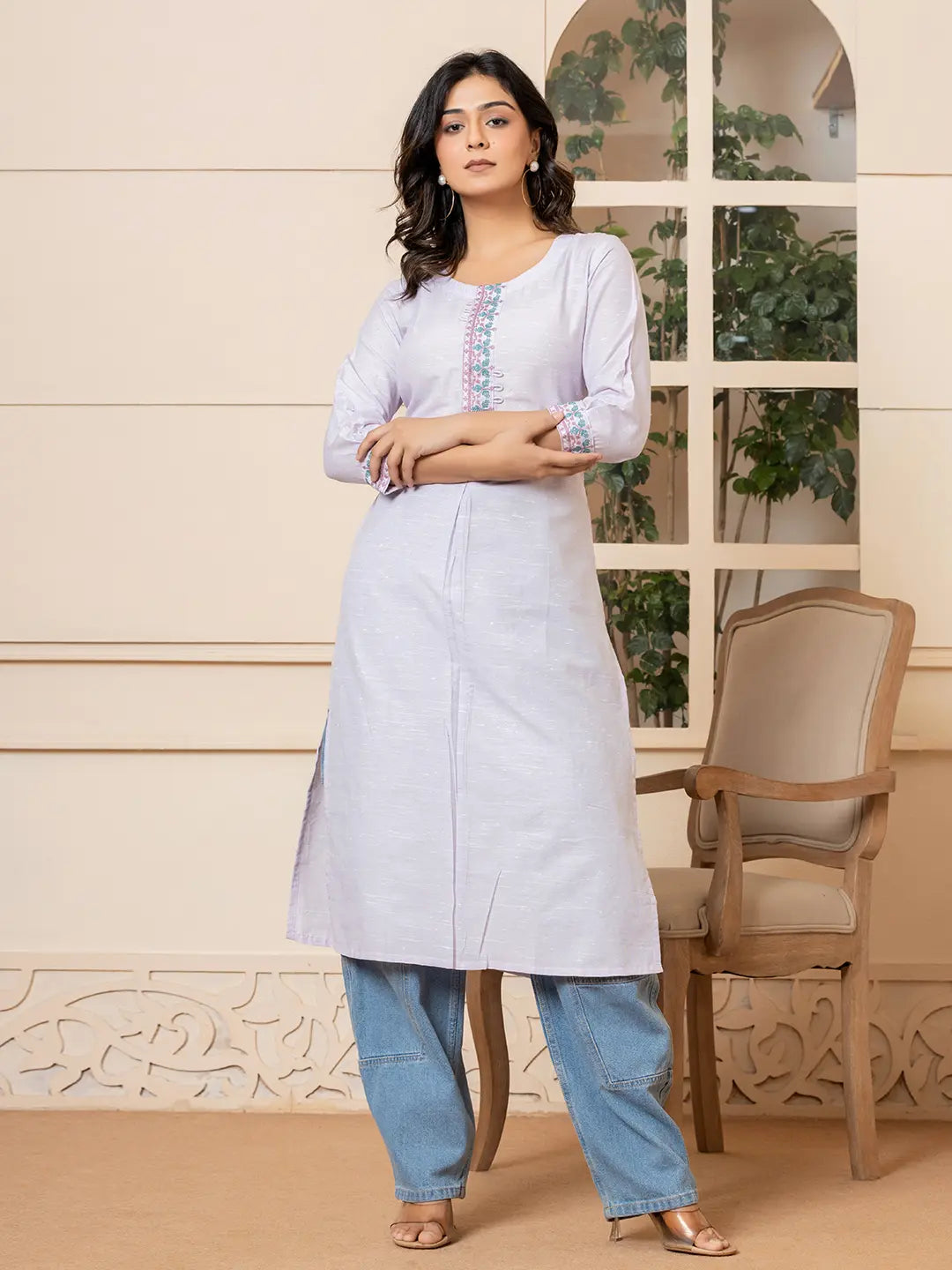 Yufta Linen Lavender Embroidery Straight Kurta | Grocsy