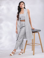 BohoJazz Striped Linen Three Piece Co-ord Set - Blue & White | Grocsy