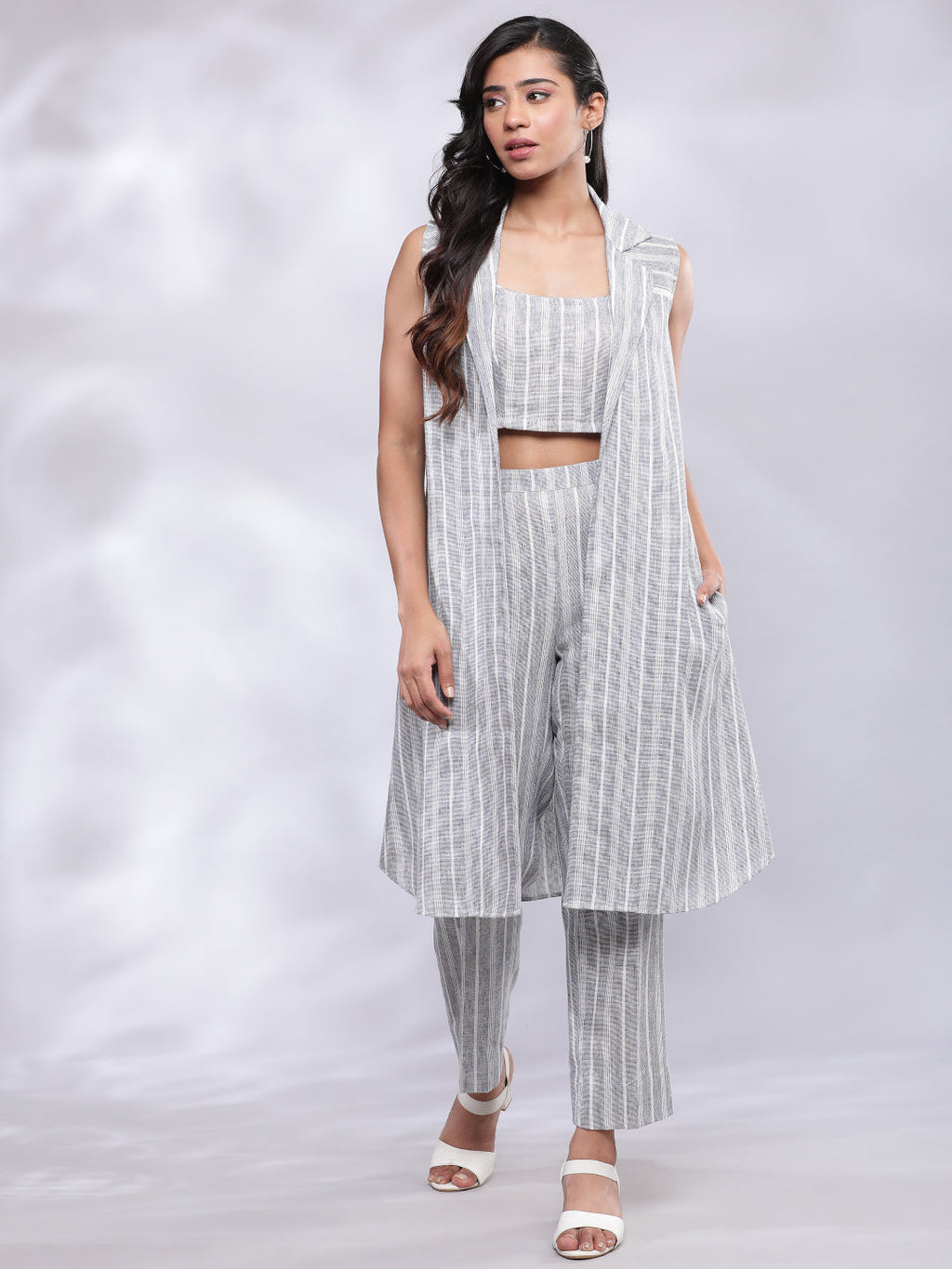 BohoJazz Striped Linen Three Piece Co-ord Set - Blue & White | Grocsy