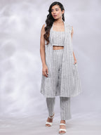 BohoJazz Striped Linen Three Piece Co-ord Set - Blue & White | Grocsy
