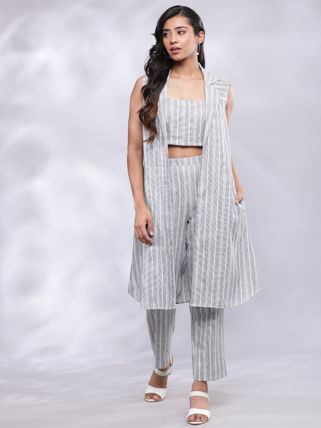 BohoJazz Striped Linen Three Piece Co-ord Set - Blue & White | Grocsy