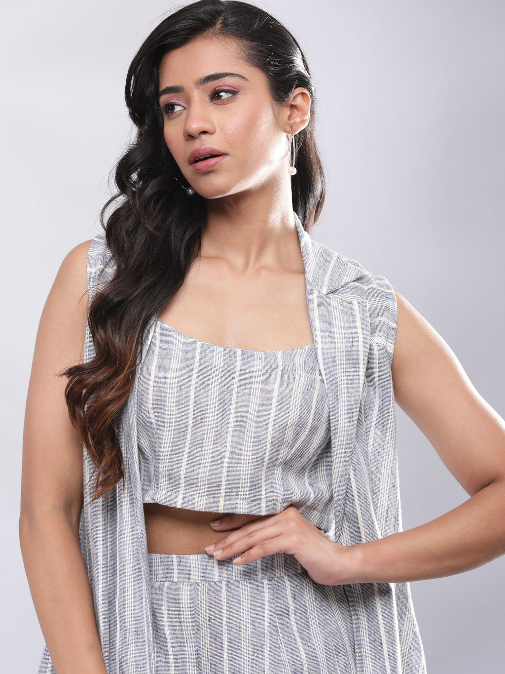 BohoJazz Striped Linen Three Piece Co-ord Set - Blue & White | Grocsy