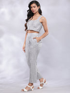 BohoJazz Striped Linen Three Piece Co-ord Set - Blue & White | Grocsy