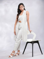 BohoJazz Striped Linen Three Piece Co-ord Set - White & Blue | Grocsy