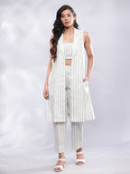 BohoJazz Striped Linen Three Piece Co-ord Set - White & Blue | Grocsy