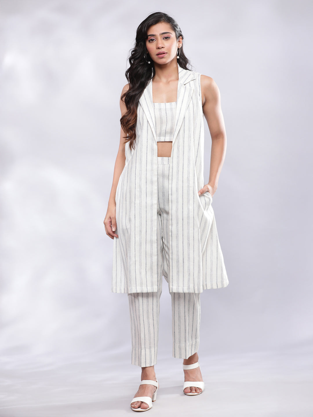 BohoJazz Striped Linen Three Piece Co-ord Set - White & Blue | Grocsy