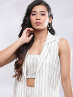 BohoJazz Striped Linen Three Piece Co-ord Set - White & Blue | Grocsy