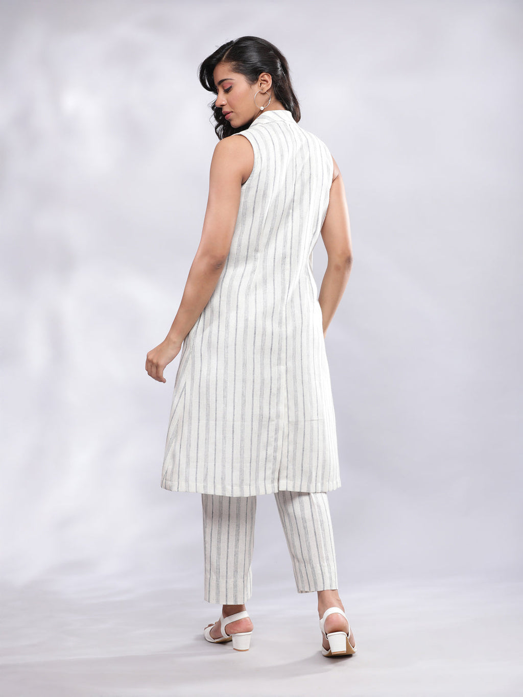 BohoJazz Striped Linen Three Piece Co-ord Set - White & Blue | Grocsy