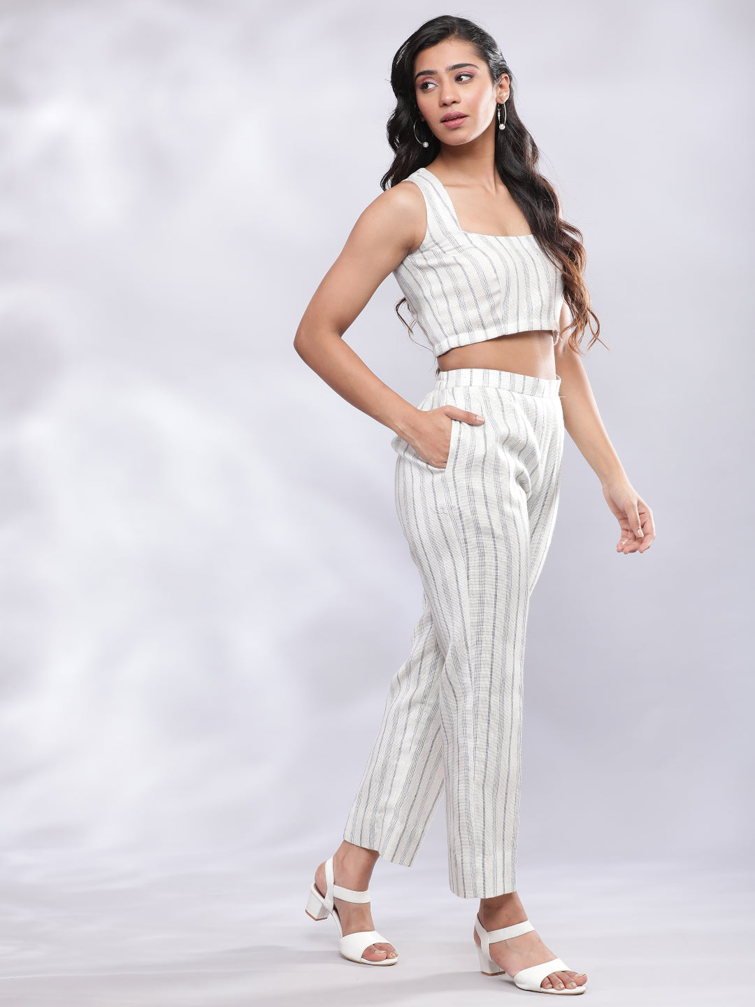 BohoJazz Striped Linen Three Piece Co-ord Set - White & Blue | Grocsy