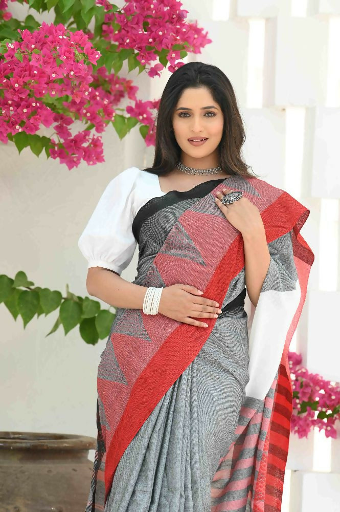 Beatitude Grey Temple Border Cotton Saree | Grocsy