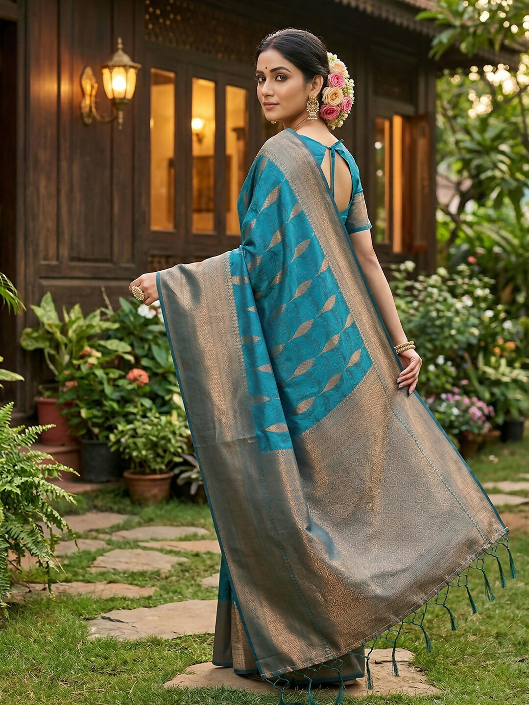 Shree Shyam Fashion Rama Blue Silk Blend Saree | Grocsy