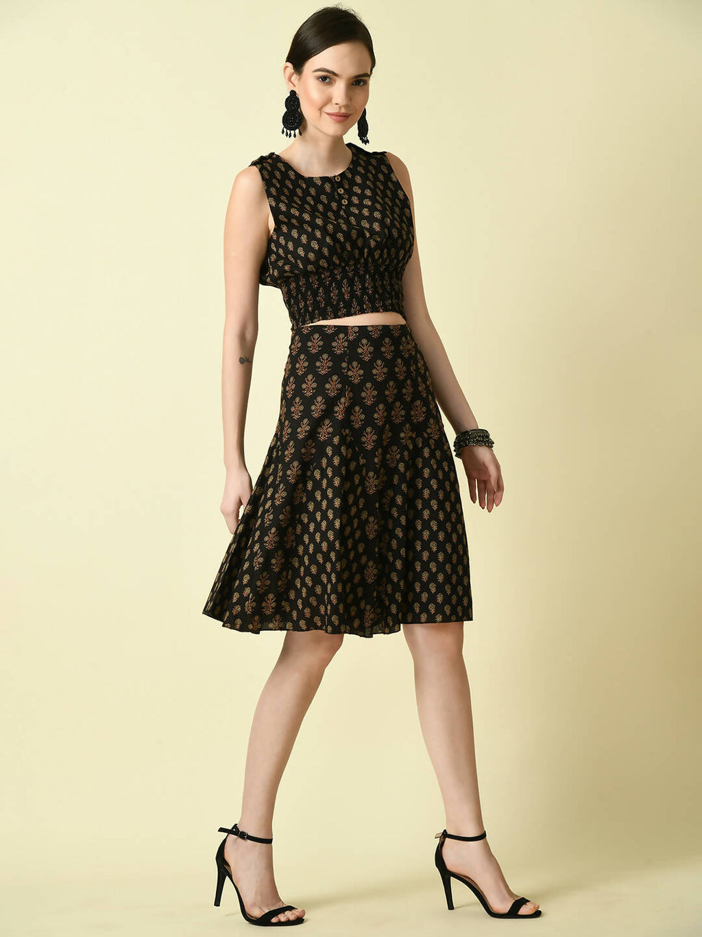 Myshka Women's Black Pure Cotton Printed Flared Skirt | Grocsy