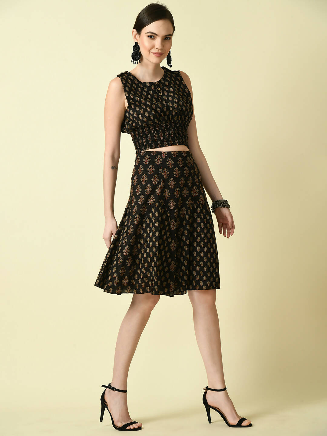 Myshka Women's Black Pure Cotton Printed Flared Skirt | Grocsy