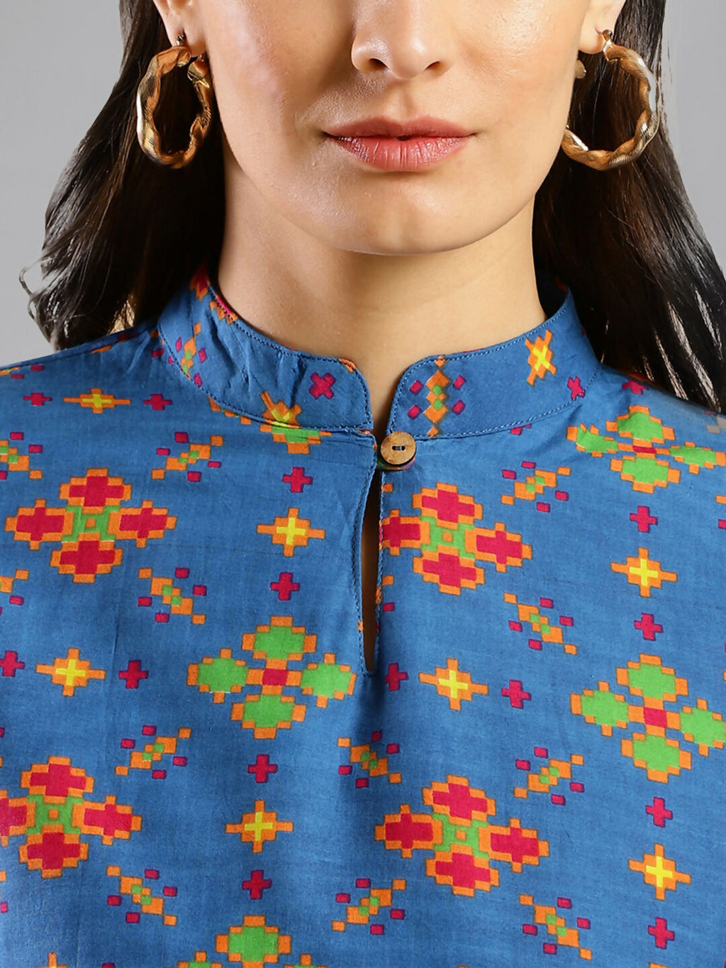 Women Blue & Green Pure Cotton Abstract Print Aline Top - Bosky | Grocsy