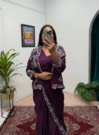 Teeya Creation Wine Color Chinon Silk Wedding Wear Ready To Wear Saree With Koti | Grocsy