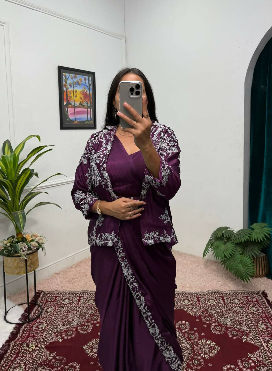 Teeya Creation Wine Color Chinon Silk Wedding Wear Ready To Wear Saree With Koti | Grocsy