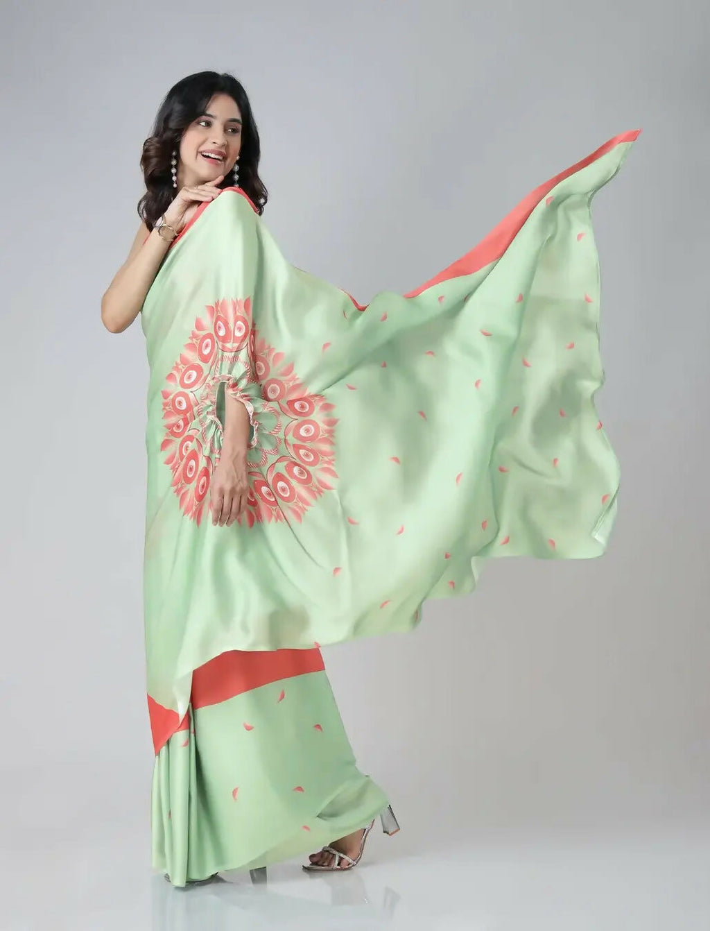 Vastranavya Mint Green & Coral Mandala Print Free Hand Ready to Wear Saree | Grocsy