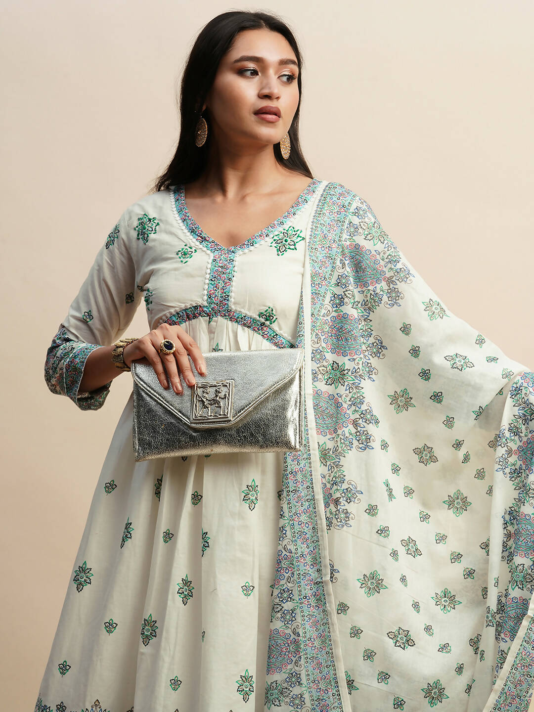 White And Blue Pure Cotton Floral Printed Anarkali Kurta And Bottom With Dupatta - Akashara | Grocsy