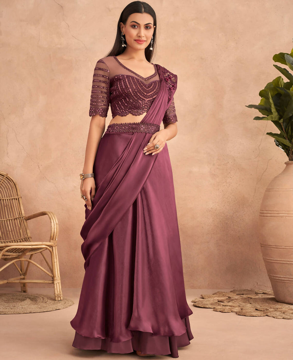 Wine Satin Embroidered Ready To Wear Saree With Unstitched Blouse Piece - Nandika | Grocsy