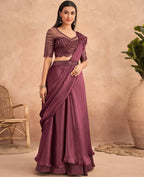 Wine Satin Embroidered Ready To Wear Saree With Unstitched Blouse Piece - Nandika | Grocsy