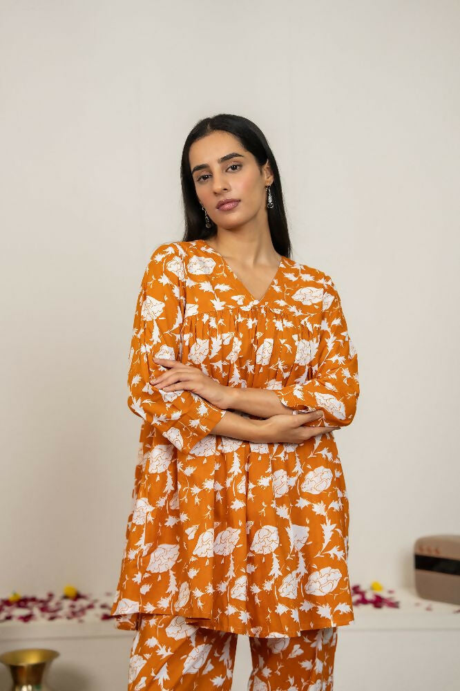 Joban Fashion Peach Hand Block Print Cotton Kurta Set | Grocsy